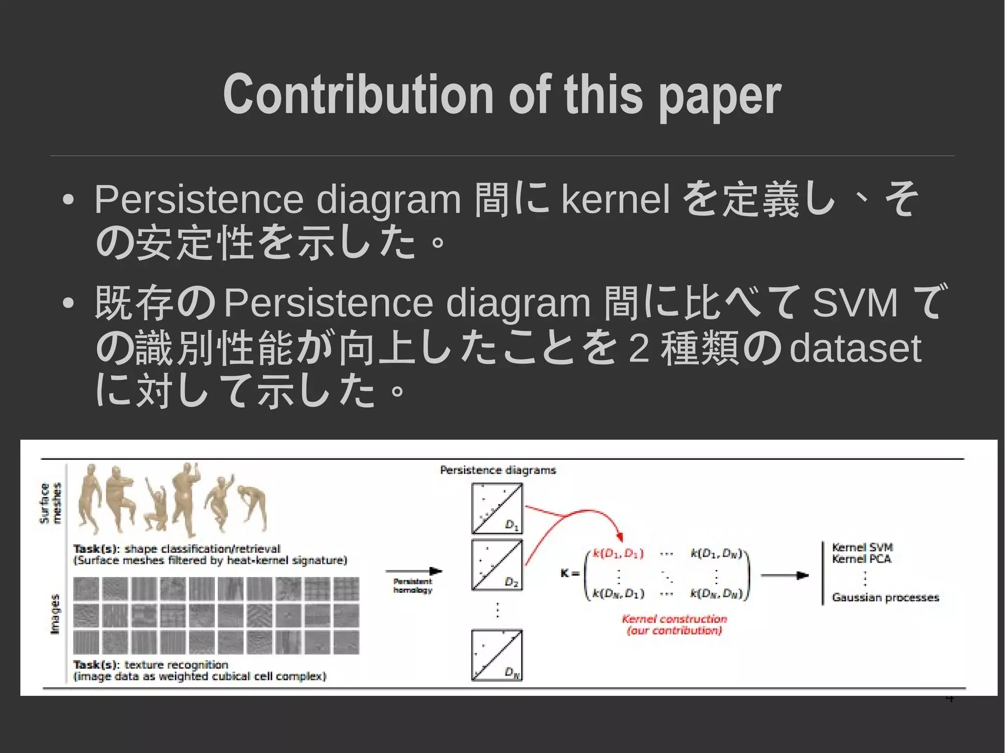4
Contribution of this paper
● Persistence diagram 間に kernel を定義し、そ
の安定性を示した。
● 既存の Persistence diagram 間に比べて SVM で
の識別性能が向上したことを 2 種類の dataset
に対して示した。
●
●
●
 