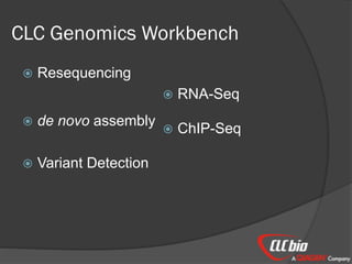  Resequencing
 de novo assembly
 Variant Detection
 RNA-Seq
 ChIP-Seq
CLC Genomics Workbench
 
