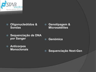  Oligonucleótidos &
Sondas
 Sequenciação de DNA
por Sanger
 Anticorpos
Monoclonais
 Genotipagem &
Microsatélites
 Genómica
 Sequenciação Next-Gen
 