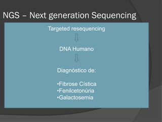 NGS – Next generation Sequencing
 RNA - Identificação de transcritos raros em
genes particulares, informação acerca de
splicing alternativo e variações de sequencias
de genes conhecidos (e.g. anabaena)
 DNA - Sequenciação de genomas completos,
para estudos comparativos e evolucionários
em larga escala (e.g. candida albicans; desulfovibrio
gigas; pseudomonas aeruginosa )
 DNA - Importância /influência das variações
genéticas no desenvolvimento de doenças
Targeted resequencing
DNA Humano
Diagnóstico de:
•Fibrose Cística
•Fenilcetonúria
•Galactosemia
 