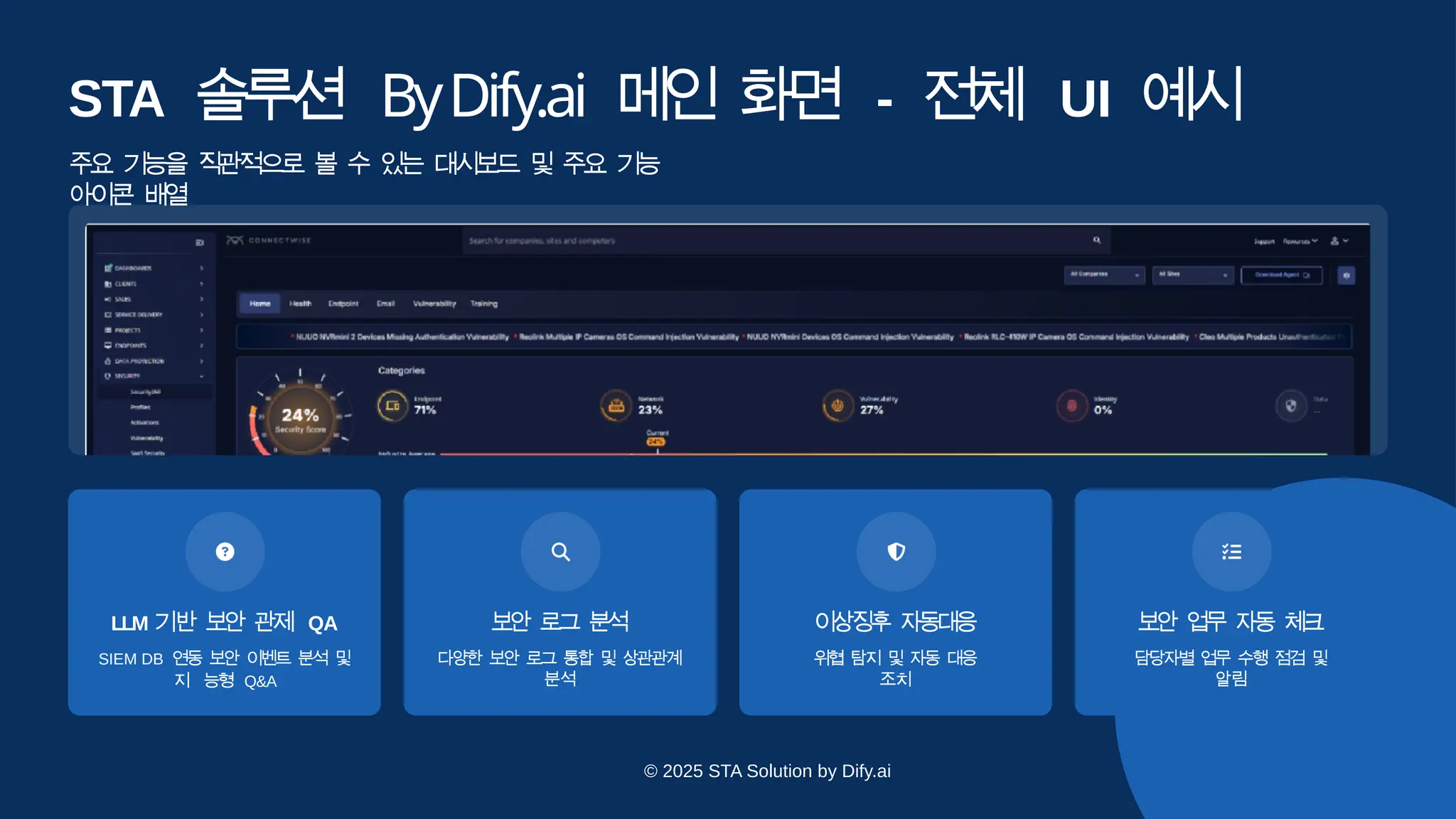 STA 솔
루
션 ByDify.ai 메
인 화
면 - 전체 UI 예
시
주요 기능을 직관적으로 볼 수 있는 대시보드 및 주요 기능
아이콘 배
열
LLM 기반 보
안 관
제 QA
SIEM DB 연동 보안 이벤트 분석 및
지 능형 Q&A
보
안 로
그 분
석
다양한 보안 로그 통합 및 상관관계
분석
이상징후 자
동
대
응
위협 탐지 및 자동 대응
조치
보안 업무 자동 체
크
담당자별 업무 수행 점검 및
알림
© 2025 STA Solution by Dify.ai
 