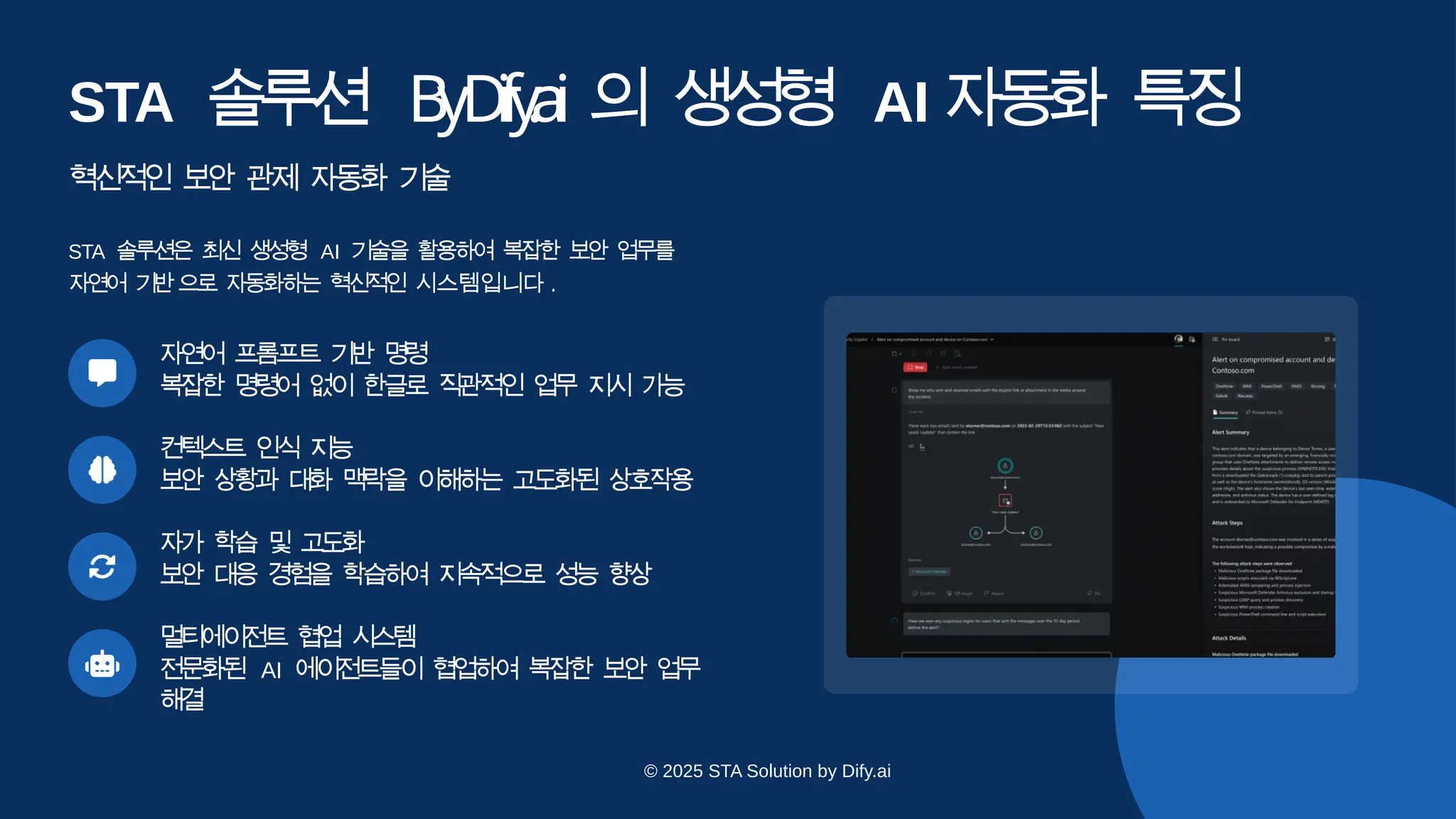 STA 솔
루
션 B
yD
i
f
y
.
ai 의 생성
형 AI 자
동
화 특
징
혁신적인 보안 관제 자동화 기술
STA 솔루션은 최신 생성형 AI 기술을 활용하여 복잡한 보안 업무를
자연어 기반으로 자동화하는 혁신적인 시스템입니다 .
자연어 프롬프트 기반 명
령
복잡한 명령어 없이 한글로 직관적인 업무 지시 가
능
컨텍스트 인식 지
능
보안 상황과 대화 맥락을 이해하는 고도화된 상
호작용
자가 학습 및 고
도
화
보안 대응 경험을 학습하여 지속적으로 성능 향
상
멀티에이전트 협업 시
스템
전문화된 AI 에이전트들이 협업하여 복잡한 보안 업무
해
결
© 2025 STA Solution by Dify.ai
 