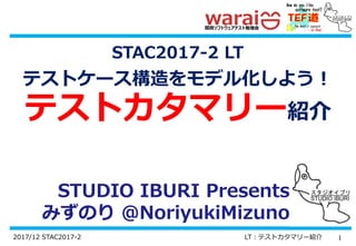 12017/12 STAC2017-2 LT：テストカタマリー紹介
STAC2017-2 LT
テストケース構造をモデル化しよう！
テストカタマリー紹介
STUDIO IBURI Presents
みずのり @NoriyukiMizuno
 