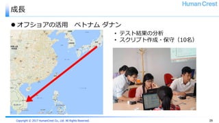 Copyright © 2017 HumanCrest Co., Ltd. All Rights Reserved.
成長
 オフショアの活用 ベトナム ダナン
29
• テスト結果の分析
• スクリプト作成・保守（10名）
 