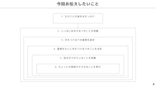 今回お伝えしたいこと
2. いっぱいあるやるべきことを把握
3. 手をつけるべき基準を設定
4. 基準 をもとに手 をつけるべきことを 決定
5. 自分ができていることを把握
6. ちょっとの 背伸びでできることを 実行
1. ものごとを進めるきっかけ
4
 