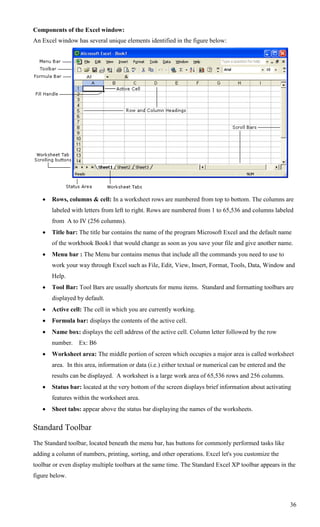 Components of the Excel window:
An Excel window has several unique elements identified in the figure below:




      Rows, columns & cell: In a worksheet rows are numbered from top to bottom. The columns are
       labeled with letters from left to right. Rows are numbered from 1 to 65,536 and columns labeled
       from A to IV (256 columns).
      Title bar: The title bar contains the name of the program Microsoft Excel and the default name
       of the workbook Book1 that would change as soon as you save your file and give another name.
      Menu bar : The Menu bar contains menus that include all the commands you need to use to
       work your way through Excel such as File, Edit, View, Insert, Format, Tools, Data, Window and
       Help.
      Tool Bar: Tool Bars are usually shortcuts for menu items. Standard and formatting toolbars are
       displayed by default.
      Active cell: The cell in which you are currently working.
      Formula bar: displays the contents of the active cell.
      Name box: displays the cell address of the active cell. Column letter followed by the row
       number. Ex: B6
      Worksheet area: The middle portion of screen which occupies a major area is called worksheet
       area. In this area, information or data (i.e.) either textual or numerical can be entered and the
       results can be displayed. A worksheet is a large work area of 65,536 rows and 256 columns.
      Status bar: located at the very bottom of the screen displays brief information about activating
       features within the worksheet area.
      Sheet tabs: appear above the status bar displaying the names of the worksheets.


Standard Toolbar
The Standard toolbar, located beneath the menu bar, has buttons for commonly performed tasks like
adding a column of numbers, printing, sorting, and other operations. Excel let's you customize the
toolbar or even display multiple toolbars at the same time. The Standard Excel XP toolbar appears in the
figure below.



                                                                                                           36
 