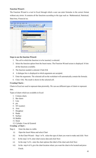 Function Wizard :
The Function Wizard is a tool in Excel through which a user can enter formulas in the correct format
without any errors. It contains all the functions according to the type such as Mathematical, Statistical,
Date/time, Financial etc.




Steps to use the function Wizard:
   1. The cell in which the function is to be inserted, is selected.
   2. Select the function option from the Insert menu. The Function Wizard screen is displayed. It lists
          all the functions available.
   3. The function needed is selected. Click O.K
   4. A dialogue box is displayed in which arguments are accepted.
   5. Enter the arguments. The selected cell on the worksheet will automatically contain the formula.
   6. Click O.K. The result is shown in the selected cell.
Creating Charts :
Charts in Excel are used to represent data pictorially. We can use different types of charts to represent
data.
Types of charts which are available in Excel:
   1. Column charts
   2. Bar charts
   3. Line
   4. pie
   5. XY (scatter)
   6. Area
   7. Doughnut
   8. Radar
   9. Surface
   10. Bubble
   11. Stock
   12. Cylinder, Cone & Pyramid
Creating a Chart :
Step i)       Enter the data in a table.
    ii)       Open the Insert Menu and select Chart
   iii)       In the Chart Wizard – Step 1 of 4, select the type of chart you want to make and click Next
   iv)       In the step 2 of 4, enter chart source data and click Next
   vi)       In the step 3 of 4, enter the chart options like label of the chart and click Next
   vii)      In the step 4 of 4, give the chart location where you want the chart to be located and press
             Finish.
                                                                                                            41
 