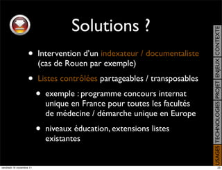 Solutions ?




                                                                           USAGES TECHNOLOGIES PROJET ENJEUX CONTEXTE
                    •     Intervention d’un indexateur / documentaliste
                          (cas de Rouen par exemple)
                    •     Listes contrôlées partageables / transposables
                          •   exemple : programme concours internat
                              unique en France pour toutes les facultés
                              de médecine / démarche unique en Europe
                          •   niveaux éducation, extensions listes
                              existantes


vendredi 18 novembre 11                                                                         23
 