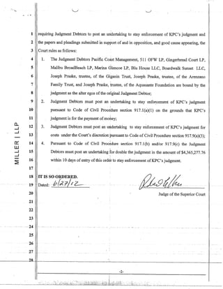 .'.';":'
a..
...J
...J
0:::
LU
...J
...J
~
1 requiring Judgment Debtors to post an undertaking to stay enforcement of KPC's judgment and
2 the papers and pleadings submitted in support of and in opposition, and good cause appearing, the
3 Court rules as follows:
4
5
6
7
8
9
10
11
12
13
14
15
16
17
1. The Judgment Debtors Pacific Coast Management, 511 OFW LP, Gingerbread Court LP,
Malibu BroadBeach LP, Marina Glencoe LP, Blu House LLC, Boardwalk Sunset LLC,
Joseph Praske, trustee, of the Giganin Trust, Joseph Praske, trustee, of the Arenzano
Family Trust, and Joseph Praske, trustee, of the Aquasante Foundation are bound by the
judgment as the alter egos ofthe original Judgment Debtor;
2. Judgment Debtors must post an undertaking to stay' enfo~ce1nent of KPC's judgment
pursuant to Code of Civil Proce'dure section 917.1(a)(l) on the grounds that KPC's
judgment is for the payment ofmortey;
3. Judgment Debtors must post an undertaking to stay enforcement of KPC's judgment for
costs under the Court's discretion pursuant to Code of Civil Procedure section 917.9(a)(3);
4. Pursuant to Code of Civil Proc¢duresection 917.1(b) andlor 917.9(c) the Judgment
Debtors must post an undertaking for double the judgment in the amount of $4,365,277.76
within 10 days of entry ofthis order to stay enforcement ofKPC's judgment.
18 IT IS SO ORDERED.
19n
-Dated: nb/p<?,/rz--
20
21
22
23
-- 24-
25
26 -
27
Judge ofthe Superior Court
-2-
i
---------'--~--,-~,":", :":::'~~'::!;;:(';;1;fj;';iK::,~~':':,{;:,)?;jEi~;',;~f~&Ji,:;",~;;j,~j;Ki:'i'D";;i:k';; ,',< ,.'.; '~(~~~.;LC '
 