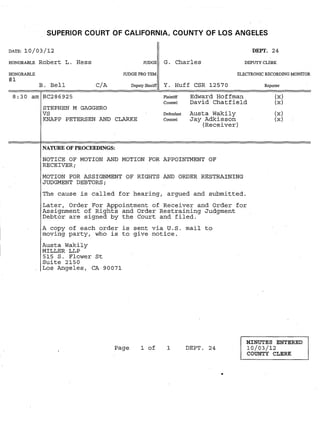 SUPERIOR COURT OF CALIFORNIA, COUNTY OF LOS ANGELES
DATE: lO / 03 /l2 DEPT. 24
HONORABLE Robert L. Hess JUDGE G. Charles DEPUTY CLERK
HONORABLE
#1
B. Bell CiA
JUDGE PRO TEM ELECTRONIC RECORDING MONITOR
DeputySheriff Y. Huff CSR l2570 Reporter
8:30 am BC286925 Plaintiff Edward Hoffman
Counsel David Chatfield
(x)
(X)
STEPHEN M GAGGERO
VS
KNAPP PETERSEN AND CLARKE
NATURE OF PROCEEDINGS:
Defendant Austa Wakily
Counsel Jay Adkisson
(Receiver)
NOTICE OF MOTION AND MOTION FOR APPOINTMENT OF
RECEIVER;
MOTION FOR ASSIGNMENT OF RIGHTS AND ORDER RESTRAINING
JUDGMENT DEBTORS;
The cause is called for hearing, argued and submitted.
Later, Order For Appointment of Receiver and Order for
Assignment of Rights and Order Restraining Judgment
Debtor are signed by the Court and filed.
A copy of each order is sent via u.S. mail to
moving party, who is to give notice.
Austa Wakily
MILLER LLP
515 S. Flower St
Suite 2150
Los Angeles, CA 9007l
(X)
(X)
Page l of 1 DEPT. 24
MINUTES ENTERED
10/03/12
COUNTY CLERK
•
 