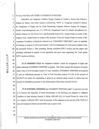 1 TO ALL PARTIES AND riIEIRATTORNEYS OF RECORD:
2 Defendants and Judgment Creditors Knapp, Petersen & Clarke's, Steven Ray Garcia's,
3 Stephen M. Harris', and Andre Jardini's (collectively,. "KPC" or "Judgment Creditors") Motion
4 for Assignment of Rights and for Order Restraining Judgment Debtors Stephen M. Gaggero,
5 Pacific Coast Management, Inc., 511 OFW LP, Gingerbread Court LP, Malibu BroadBeach LP,
6 Marina Glencoe LP, Biu House LLC, and Boardwalk Sunset LLC, Joseph Praske as trustee ofthe.
7 Giganin Trust, Joseph Praske as trustee ofthe Arenzano Trust, and Joseph Praske as trustee ofthe
8 Aquasante Foundation (collectively referred to as "JUDGMENT DEBTORS") came on regularly
9 for hearing on August 23,2012 and October 3,2012 in Department 24 ofthe above-entitled Court
10 the honorable Robert L. Hess presiding. Having considered KPC's motion and the papers and;
11 pleadings submitted in support of and opposition and good cause appearing: the Court grants.
12 KPC's motion as follows:
13
14 IT IS ORDERED THAT the Judgment Creditors' motion for assignment of rights and
15 order restraining JUDGMENT DEBTORS is granted. This Order requires the payment ofmoney
16 under Code of Civil Procedure section 917.1(a). Therefore, mDGMENT DEBTORS are required
17 to post an undertaking pursuant to Code of Civil Procedure section 917.1(b) in the amount of
18 $4,356,471.02 unless the undertaking is glvenby an admittedsurety insurer in which case the
19 amount ofundertaking necessary to stay enforcement ofthis Order is $3,267,353.26.
20
21 IT IS FURTHER ORDERED that JUDGMENT DEBTORS rights' to payment now due'
22 or to become due regardless of future development in the following are assigned to Judgment
23 Creditors c/o their attorney, Randall A. Miller, MILLER LLP, 515 South Flower St., Suite 2150,
24 Los Angeles, California 90071 until the payment ofthe judgment in the amount of $2,178,235.51
25 plus post-judgment interest and allowable costs is paid in full:
26
27
28 -2-
ORDER GRANTThfG MOTION FOR ASSIGNMENT ORDERAND ORDER RESTRAINING
JUDGMENT DEBTORS
 