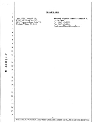 1
2
3
4
5
6
7
8
9
10
11
CL
12
--'
--' 13
0::: 14
W
--' 15
--'
~
16
17
18
19
20
21
22
23
24
25
26
27
28
David Blake Chatfield, Esq.
WESTLAKE LAW GROUP
2625 Townsgate Road, Suite 330
Westlake Village, CA 91361
SERVICE LIST
-4-
Attorney Judgment Debtor, STEPHEN M.
GAGGERO
Ph. (805) 267-1220
Fax: (805) 267-1211
Email: davidblakec@hotmail.com
POS-REISSUED ORDER FOR ASSIGNMENT OF RIGHTS & ORDER RESTRAINING JUDGIv1ENT DEBTORS
 