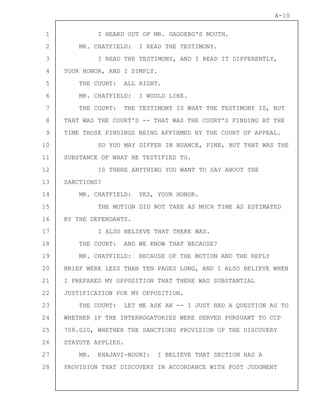 1
2
3
4
5
6
7
8
9
10
11
12
13
14
15
16
17
18
19
20
21
22
23
24
25
26
27
28
A-10
I HEARD OUT OF MR. GAGGERO'S MOUTH.
MR. CHATFIELD: I READ THE TESTIMONY.
I READ THE TESTIMONY, AND I READ IT DIFFERENTLY,
YOUR HONOR, AND I SIMPLY.
THE COURT: ALL RIGHT.
MR. CHATFIELD: I WOULD LIKE.
THE COURT: THE TESTIMONY IS WHAT THE TESTIMONY IS, BUT
THAT WAS THE COURT'S -- THAT WAS THE COURT'S FINDING AT THE
TIME THOSE FINDINGS BEING AFFIRMED BY THE COURT OF APPEAL.
SO YOU MAY DIFFER IN NUANCE, FINE, BUT THAT WAS THE
SUBSTANCE OF WHAT HE TESTIFIED TO.
IS THERE ANYTHING YOU WANT TO SAY ABOUT THE
SANCTIONS?
MR. CHATFIELD: YES, YOUR HONOR.
THE MOTION DID NOT TAKE AS MUCH TIME AS ESTIMATED
BY THE DEFENDANTS.
I ALSO BELIEVE THAT THERE WAS.
THE COURT: AND WE KNOW THAT BECAUSE?
MR. CHATFIELD: BECAUSE OF THE MOTION AND THE REPLY
BRIEF WERE LESS THAN TEN PAGES LONG, AND I ALSO BELIEVE WHEN
I PREPARED MY OPPOSITION THAT THERE WAS SUBSTANTIAL
JUSTIFICATION FOR MY OPPOSITION.
THE COURT: LET ME ASK AN -- I JUST HAD A QUESTION AS TO
WHETHER IF THE INTERROGATORIES WERE SERVED PURSUANT TO CCP
708.020, WHETHER THE SANCTIONS PROVISION OF THE DISCOVERY
STATUTE APPLIED.
MR. KHAJAVI-NOURI: I BELIEVE THAT SECTION HAS A
PROVISION THAT DISCOVERY IN ACCORDANCE WITH POST JUDGMENT
 
