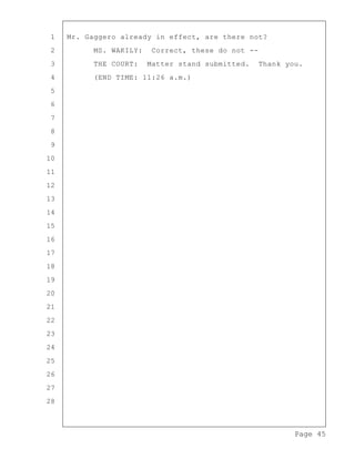 Page 45
1 Mr. Gaggero already in effect, are there not?
2 MS. WAKILY: Correct, these do not --
3 THE COURT: Matter stand submitted. Thank you.
4 (END TIME: 11:26 a.m.)
5
6
7
8
9
10
11
12
13
14
15
16
17
18
19
20
21
22
23
24
25
26
27
28
 
