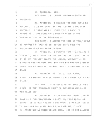 1
2
3
4
5
6
7
8
9
10
11
12
13
14
15
16
17
18
19
20
21
22
23
24
25
26
27
28
19
MR. ADKISSON: YES.
THE COURT: ALL THESE DOCUMENTS WOULD BE?
RECORDED.
MR. ADKISSON: I BELIEVE THE DEED WOULD BE
RECORDED. I AM NOT SURE THE LOAN DOCUMENTS WOULD BE
RECORDED. I THINK WHEN IT COMES TO THE POINT OF
RECORDING -- AND PROBABLY A DEED OF TRUST ON THE
LENDER -- I THINK THE RECORDING --
THE COURT: I ASSUME THE DEED OF TRUST WOULD
BE RECORDED AS PART OF THE ESTABLISHING WHAT THE
ENCUMBRANCES ON THE PROPERTY WERE.
MR. ADKISSON: I PRESUME THAT. AS FAR AS I
CAN TELL, AND COUNSEL FOR THE DEBTORS CAN CORRECT ME --
IT IS NOT FIDELITY THAT'S THE LENDER, ACTUALLY -- IS
FIDELITY THE ONE THAT HAVE THE LIEN NOW AND THE ANOTHER
GROUP WHICH I WILL NOT IDENTIFY ARE THE ONES MAKING THE
LOAN?
MR. HOFFMAN: AS I SAID, YOUR HONOR,
FIDELITY ARRANGES WITH INVESTORS TO PUT THEIR MONEY INTO
LOANS.
THE COURT: THEY ARE A FACILITATOR OF SOME
KIND? OR THEY AGGREGATE MONEY OF INVESTORS AND SO ON
AND PLACE IT?
MR. HOFFMAN: IN LAY PERSON'S TERMS I THINK
THAT IS A FAIR STATEMENT; I DON'T KNOW THE TECHNICAL
TERMS. IF IT WOULD SATISFY THE COURT, I DO HAVE COPIES
OF THE LOAN DOCUMENTS WHICH I AM PREPARED TO SHOW
MS. AUSTA WAKILY WHILE WE ARE HERE. SHE IS NOT ALLOWED
 