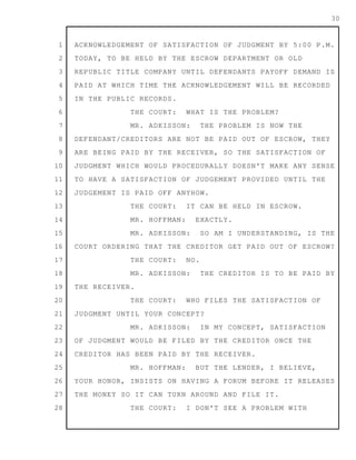 1
2
3
4
5
6
7
8
9
10
11
12
13
14
15
16
17
18
19
20
21
22
23
24
25
26
27
28
30
ACKNOWLEDGEMENT OF SATISFACTION OF JUDGMENT BY 5:00 P.M.
TODAY, TO BE HELD BY THE ESCROW DEPARTMENT OR OLD
REPUBLIC TITLE COMPANY UNTIL DEFENDANTS PAYOFF DEMAND IS
PAID AT WHICH TIME THE ACKNOWLEDGEMENT WILL BE RECORDED
IN THE PUBLIC RECORDS.
THE COURT: WHAT IS THE PROBLEM?
MR. ADKISSON: THE PROBLEM IS NOW THE
DEFENDANT/CREDITORS ARE NOT BE PAID OUT OF ESCROW, THEY
ARE BEING PAID BY THE RECEIVER, SO THE SATISFACTION OF
JUDGMENT WHICH WOULD PROCEDURALLY DOESN'T MAKE ANY SENSE
TO HAVE A SATISFACTION OF JUDGEMENT PROVIDED UNTIL THE
JUDGEMENT IS PAID OFF ANYHOW.
THE COURT: IT CAN BE HELD IN ESCROW.
MR. HOFFMAN: EXACTLY.
MR. ADKISSON: SO AM I UNDERSTANDING, IS THE
COURT ORDERING THAT THE CREDITOR GET PAID OUT OF ESCROW?
THE COURT: NO.
MR. ADKISSON: THE CREDITOR IS TO BE PAID BY
THE RECEIVER.
THE COURT: WHO FILES THE SATISFACTION OF
JUDGMENT UNTIL YOUR CONCEPT?
MR. ADKISSON: IN MY CONCEPT, SATISFACTION
OF JUDGMENT WOULD BE FILED BY THE CREDITOR ONCE THE
CREDITOR HAS BEEN PAID BY THE RECEIVER.
MR. HOFFMAN: BUT THE LENDER, I BELIEVE,
YOUR HONOR, INSISTS ON HAVING A FORUM BEFORE IT RELEASES
THE MONEY SO IT CAN TURN AROUND AND FILE IT.
THE COURT: I DON'T SEE A PROBLEM WITH
 