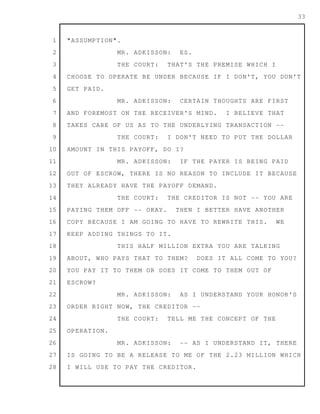 1
2
3
4
5
6
7
8
9
10
11
12
13
14
15
16
17
18
19
20
21
22
23
24
25
26
27
28
33
"ASSUMPTION".
MR. ADKISSON: ES.
THE COURT: THAT'S THE PREMISE WHICH I
CHOOSE TO OPERATE BE UNDER BECAUSE IF I DON'T, YOU DON'T
GET PAID.
MR. ADKISSON: CERTAIN THOUGHTS ARE FIRST
AND FOREMOST ON THE RECEIVER'S MIND. I BELIEVE THAT
TAKES CARE OF US AS TO THE UNDERLYING TRANSACTION --
THE COURT: I DON'T NEED TO PUT THE DOLLAR
AMOUNT IN THIS PAYOFF, DO I?
MR. ADKISSON: IF THE PAYER IS BEING PAID
OUT OF ESCROW, THERE IS NO REASON TO INCLUDE IT BECAUSE
THEY ALREADY HAVE THE PAYOFF DEMAND.
THE COURT: THE CREDITOR IS NOT -- YOU ARE
PAYING THEM OFF -- OKAY. THEN I BETTER HAVE ANOTHER
COPY BECAUSE I AM GOING TO HAVE TO REWRITE THIS. WE
KEEP ADDING THINGS TO IT.
THIS HALF MILLION EXTRA YOU ARE TALKING
ABOUT, WHO PAYS THAT TO THEM? DOES IT ALL COME TO YOU?
YOU PAY IT TO THEM OR DOES IT COME TO THEM OUT OF
ESCROW?
MR. ADKISSON: AS I UNDERSTAND YOUR HONOR'S
ORDER RIGHT NOW, THE CREDITOR --
THE COURT: TELL ME THE CONCEPT OF THE
OPERATION.
MR. ADKISSON: -- AS I UNDERSTAND IT, THERE
IS GOING TO BE A RELEASE TO ME OF THE 2.23 MILLION WHICH
I WILL USE TO PAY THE CREDITOR.
 
