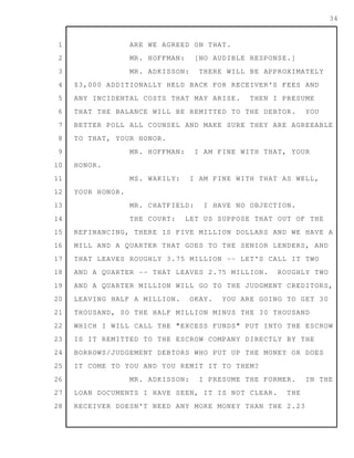 1
2
3
4
5
6
7
8
9
10
11
12
13
14
15
16
17
18
19
20
21
22
23
24
25
26
27
28
34
ARE WE AGREED ON THAT.
MR. HOFFMAN: [NO AUDIBLE RESPONSE.]
MR. ADKISSON: THERE WILL BE APPROXIMATELY
$3,000 ADDITIONALLY HELD BACK FOR RECEIVER'S FEES AND
ANY INCIDENTAL COSTS THAT MAY ARISE. THEN I PRESUME
THAT THE BALANCE WILL BE REMITTED TO THE DEBTOR. YOU
BETTER POLL ALL COUNSEL AND MAKE SURE THEY ARE AGREEABLE
TO THAT, YOUR HONOR.
MR. HOFFMAN: I AM FINE WITH THAT, YOUR
HONOR.
MS. WAKILY: I AM FINE WITH THAT AS WELL,
YOUR HONOR.
MR. CHATFIELD: I HAVE NO OBJECTION.
THE COURT: LET US SUPPOSE THAT OUT OF THE
REFINANCING, THERE IS FIVE MILLION DOLLARS AND WE HAVE A
MILL AND A QUARTER THAT GOES TO THE SENIOR LENDERS, AND
THAT LEAVES ROUGHLY 3.75 MILLION -- LET'S CALL IT TWO
AND A QUARTER -- THAT LEAVES 2.75 MILLION. ROUGHLY TWO
AND A QUARTER MILLION WILL GO TO THE JUDGMENT CREDITORS,
LEAVING HALF A MILLION. OKAY. YOU ARE GOING TO GET 30
THOUSAND, SO THE HALF MILLION MINUS THE 30 THOUSAND
WHICH I WILL CALL THE "EXCESS FUNDS" PUT INTO THE ESCROW
IS IT REMITTED TO THE ESCROW COMPANY DIRECTLY BY THE
BORROWS/JUDGEMENT DEBTORS WHO PUT UP THE MONEY OR DOES
IT COME TO YOU AND YOU REMIT IT TO THEM?
MR. ADKISSON: I PRESUME THE FORMER. IN THE
LOAN DOCUMENTS I HAVE SEEN, IT IS NOT CLEAR. THE
RECEIVER DOESN'T NEED ANY MORE MONEY THAN THE 2.23
 