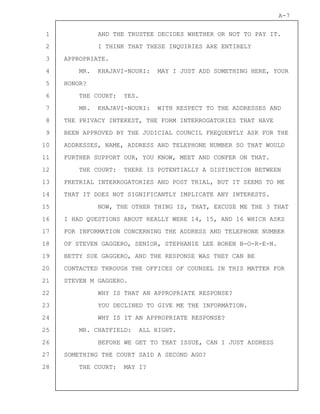 1
2
3
4
5
6
7
8
9
10
11
12
13
14
15
16
17
18
19
20
21
22
23
24
25
26
27
28
A-7
AND THE TRUSTEE DECIDES WHETHER OR NOT TO PAY IT.
I THINK THAT THESE INQUIRIES ARE ENTIRELY
APPROPRIATE.
MR. KHAJAVI-NOURI: MAY I JUST ADD SOMETHING HERE, YOUR
HONOR?
THE COURT: YES.
MR. KHAJAVI-NOURI: WITH RESPECT TO THE ADDRESSES AND
THE PRIVACY INTEREST, THE FORM INTERROGATORIES THAT HAVE
BEEN APPROVED BY THE JUDICIAL COUNCIL FREQUENTLY ASK FOR THE
ADDRESSES, NAME, ADDRESS AND TELEPHONE NUMBER SO THAT WOULD
FURTHER SUPPORT OUR, YOU KNOW, MEET AND CONFER ON THAT.
THE COURT: THERE IS POTENTIALLY A DISTINCTION BETWEEN
PRETRIAL INTERROGATORIES AND POST TRIAL, BUT IT SEEMS TO ME
THAT IT DOES NOT SIGNIFICANTLY IMPLICATE ANY INTERESTS.
NOW, THE OTHER THING IS, THAT, EXCUSE ME THE 3 THAT
I HAD QUESTIONS ABOUT REALLY WERE 14, 15, AND 16 WHICH ASKS
FOR INFORMATION CONCERNING THE ADDRESS AND TELEPHONE NUMBER
OF STEVEN GAGGERO, SENIOR, STEPHANIE LEE BOREN B-O-R-E-N.
BETTY SUE GAGGERO, AND THE RESPONSE WAS THEY CAN BE
CONTACTED THROUGH THE OFFICES OF COUNSEL IN THIS MATTER FOR
STEVEN M GAGGERO.
WHY IS THAT AN APPROPRIATE RESPONSE?
YOU DECLINED TO GIVE ME THE INFORMATION.
WHY IS IT AN APPROPRIATE RESPONSE?
MR. CHATFIELD: ALL RIGHT.
BEFORE WE GET TO THAT ISSUE, CAN I JUST ADDRESS
SOMETHING THE COURT SAID A SECOND AGO?
THE COURT: MAY I?
 