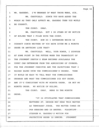 1
2
3
4
5
6
7
8
9
10
11
12
13
:
14
: .15
16
17
18
19
20
21
22
23
24
25
27
28
MR. GAGGERO. I'M UNAWARE OF WHAT THOSE WERE, SIR.
MR. CHATFIELD: SINCE YOU HAVE ADDED THE
WORDS AS THEY ONLY AFFECT MR. GAGGERO THEN YOU WOULD
BE CORRECT.
THE COURT: OKAY.
MR. CHATFIELD: BUT I DO STAND BY MY NOTICE
OF RULING THAT I FILED WITH THE COURT.
THE COURT: HOW DO I DETERMINE WHICH IS
CORRECT SINCE NEITHER OF YOU HAVE GIVEN ME A MINUTE
ORDER OR ANYTHING LIKE THAT?
MR. CHATFIELD: WELL, YOUR HONOR, I SUPPOSE
AT SOME POINT IN THE FUTURE WHEN THE TRANSCRIPT OF
THE JUDGMENT DEBTOR'S EXAM BECOMES AVAILABLE THE
COURT CAN DETERMINE FROM THE ADMISSIONS OF COUNSEL
FOR THE JUDGMENT CREDITOR AND THE OBJECTIONS THAT I
RAISED BASED UPON THE COMMISSIONER'S ORDERS. THEN
IT WOULD BE EASY TO TELL WHAT THE COMMISSIONER
ORDERED AND WHAT THE COMMISSIONER DID NOT ORDER.
AND IT' S.. CONSISTENT WITH MY MINUTE ORDER. OR NOT MY
MINUTE ORDER. MY NOTICE OF RULING.
THE COURT: OKAY. HERE IS THE MINUTE
ORDER.
"IT IS STIPULATED THAT COMMISSIONER
MATTHEWS ST. GEORGE MAY HEAR THIS MATTER
AS TEMPORARY JUDGE. THE MATTER COMES ON
STEPHEN M. GAGGERO'S MOTION FOR
PROTECTIVE ORDER IS DENIED. JUDGMENT
Page 14 I
~--· - -- ------ . -----··-- ------ - ----· --- ---- --------· ------·------ -- -- -- ---·--·-· -- --- ------- -· ------ --·----- -- --·---- - ----------------------. --------- --·------- -----·
 