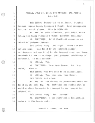 1
2
3
4
5
6
7
8
9
10
11
12
13
14
15
16
17
18
19
20
21
FRIDAY, JULY 20, 2012; LOS ANGELES, CALIFORNIA
2:00 P . M.
THE COURT: Number two on calendar. Stephen
1
Gaggero versus Knapp, Petersen & Clark. Your appearances
for the record, please. This is BC286925 .
MS. WAKILY: Good afternoon, your Honor, Austa
Wakily for Knapp Petersen & Clark, judgment creditors.
MR. CHATFIELD: David Chatfield appearing on
behalf of judgment debtor.
THE COURT: Okay . All right . There are two
motions here -- one fi l ed by the judgment debtor,
Mr . Gaggero , and one filed by the judgment creditor, Knapp ,
Petersen & Clark to compel post judgment production of
documents . Is that correct?
MS. WAKILY: Yes.
MR . CHATF IELD : Yes, your Honor. And, your
Honor, I also
THE COURT: The two seem to be interrelated .
MS. WAKILY : Yes , they are , your Honor .
THE COURT: All right .
22 MS. WAKILY : The motion for protective order was
23 f iled on the same day . Mr. Chatfield had stated that he
24 would produce documents in response to our request for
25 production.
26 THE COURT : Okay. Yes. Counsel.
27 MR. CHATFIELD: I had submitted a declaration
28 today with the Court , and
Buford J . James, CSR 9296
 