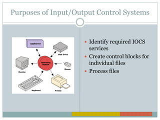 Purposes of Input/Output Control SystemsIdentify required IOCS servicesCreate control blocks for individual filesProcess files 