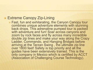  Extreme Canopy Zip-Lining
 Fast, fun and exhilarating, the Canyon Canopy tour
combines unique adventure elements with stunning
back drops. This adrenaline pumped tour is packed
with adventure and fun! Soar across canyons and
zoom by rock faces and fly across many incredible
double zip lines and make your way along the Crazy
Ladder, Commando, and Hanging Bridges before
arriving at the Tarzan Swing , the ultimate zip line
over 1800 feet! Safety is top priority and all the
guides have been extensively trained. This is the
only company in Mexico which is certified by ACCT
(Association of Challenging Course Technology).
 