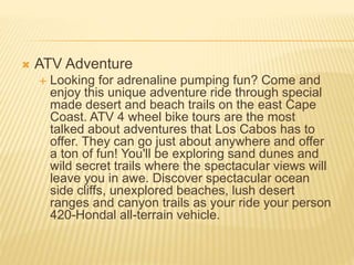  ATV Adventure
 Looking for adrenaline pumping fun? Come and
enjoy this unique adventure ride through special
made desert and beach trails on the east Cape
Coast. ATV 4 wheel bike tours are the most
talked about adventures that Los Cabos has to
offer. They can go just about anywhere and offer
a ton of fun! You'll be exploring sand dunes and
wild secret trails where the spectacular views will
leave you in awe. Discover spectacular ocean
side cliffs, unexplored beaches, lush desert
ranges and canyon trails as your ride your person
420-Hondal all-terrain vehicle.
 
