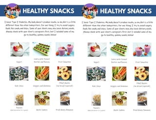 I have Type I Diabetes. My body doesn’t produce insulin, so my diet is a little
different than the other babysitters. For one thing, I try to avoid sugary
foods like candy and chips. Some of your clients may also have dietary needs.
Always check with your client’s caregivers first, but I included some of my
go-to healthy, yummy snacks below!
Yogurt
Celery with Peanut
Butter and Raisins Fruit Smoothie
Kale Chips Veggies and Hummus
PB&J Apples
(No bread required!)
Popcorn
(Hold the butter-it’s a grain!) Apple Cookies Fried Honey Bananas
I have Type I Diabetes. My body doesn’t produce insulin, so my diet is a little
different than the other babysitters. For one thing, I try to avoid sugary
foods like candy and chips. Some of your clients may also have dietary needs.
Always check with your client’s caregivers first, but I included some of my
go-to healthy, yummy snacks below!
Yogurt
Celery with Peanut
Butter and Raisins Fruit Smoothie
Kale Chips Veggies and Hummus
PB&J Apples
(No bread required!)
Popcorn
(Hold the butter-it’s a grain!) Apple Cookies Fried Honey Bananas
 