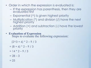 • Order in which the expression is evaluated is:
– If the expression has parenthesis, then they are
evaluated first
– Exponential (^) is given highest priority
– Multiplication (*) and division (/) have the next
highest priority
– Addition (+) and subtraction (-) have the lowest
priority
• Evaluation of Expression
Steps to evaluate the following expression:
(2^3 + 6) * 2 – 9 / 3
= (8 + 6) * 2 – 9 / 3
= 14 * 2 – 9 / 3
= 28 – 3
= 25
 