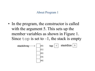 About Program 1

• In the program, the constructor is called
with the argument 5. This sets up the
member variables as shown in Figure 1.
Since top is set to –1, the stack is empty

 