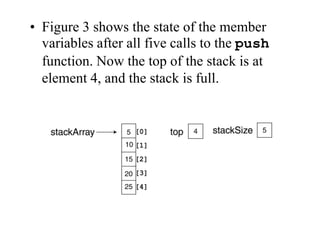 • Figure 3 shows the state of the member
variables after all five calls to the push
function. Now the top of the stack is at
element 4, and the stack is full.

 
