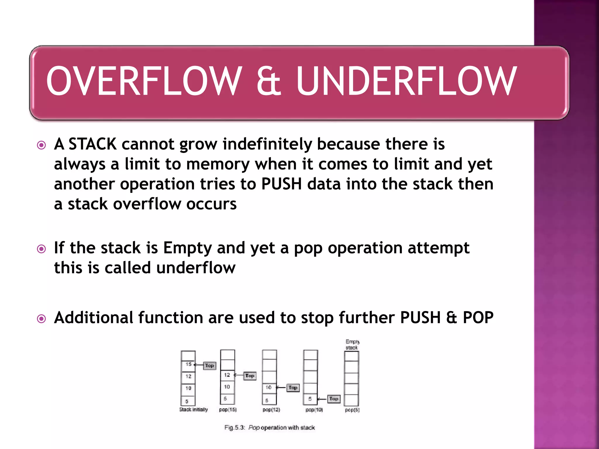 OVERFLOW & UNDERFLOW
 A STACK cannot grow indefinitely because there is
always a limit to memory when it comes to limit and yet
another operation tries to PUSH data into the stack then
a stack overflow occurs
 If the stack is Empty and yet a pop operation attempt
this is called underflow
 Additional function are used to stop further PUSH & POP
 