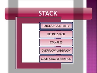 STACK
TABLE OF CONTENTS
DEFINE STACK
EXAMPLES
OVERFLOW UNDEFLOW
ADDITIONAL OPERATION
 