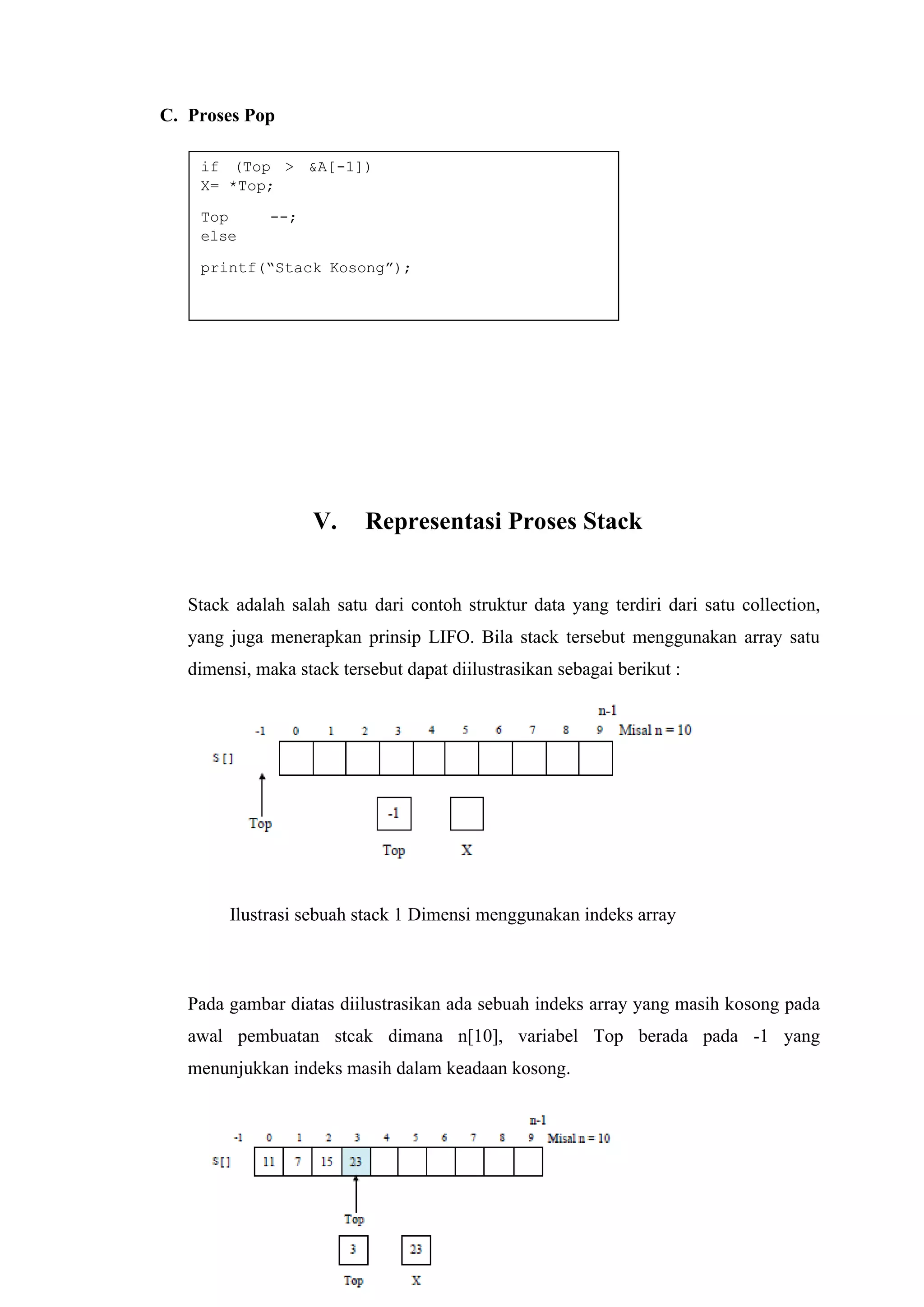 if (Top > &A[-1])
X= *Top;
Top --;
else
printf(“Stack Kosong”);
C. Proses Pop
V. Representasi Proses Stack
Stack adalah salah satu dari contoh struktur data yang terdiri dari satu collection,
yang juga menerapkan prinsip LIFO. Bila stack tersebut menggunakan array satu
dimensi, maka stack tersebut dapat diilustrasikan sebagai berikut :
Ilustrasi sebuah stack 1 Dimensi menggunakan indeks array
Pada gambar diatas diilustrasikan ada sebuah indeks array yang masih kosong pada
awal pembuatan stcak dimana n[10], variabel Top berada pada -1 yang
menunjukkan indeks masih dalam keadaan kosong.
 
