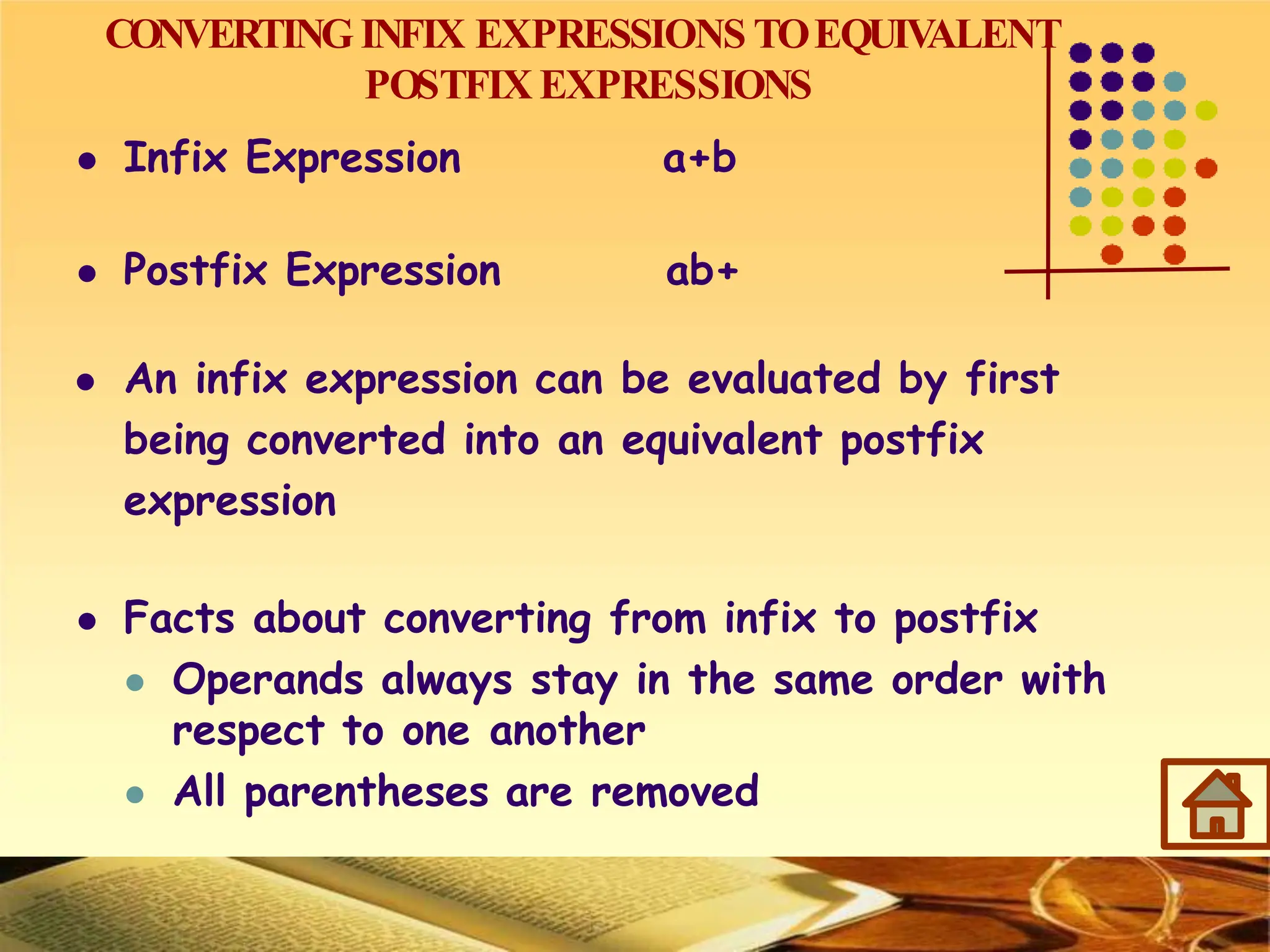 CONVERTING INFIX EXPRESSIONS TOEQUIV
ALENT
POSTFIX EXPRESSIONS
 Infix Expression a+b
 Postfix Expression ab+
 An infix expression can be evaluated by first
being converted into an equivalent postfix
expression
 Facts about converting from infix to postfix
 Operands always stay in the same order with
respect to one another
 All parentheses are removed
 