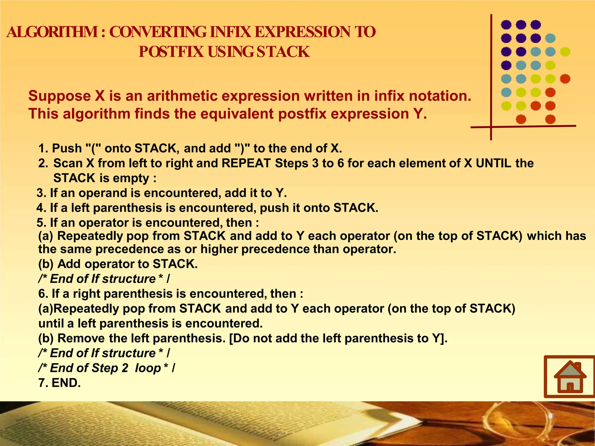 ALGORITHM: CONVERTINGINFIX EXPRESSION TO
POSTFIX USINGSTACK
Suppose X is an arithmetic expression written in infix notation.
This algorithm finds the equivalent postfix expression Y.
1. Push "(" onto STACK, and add ")" to the end of X.
2. Scan X from left to right and REPEAT Steps 3 to 6 for each element of X UNTIL the
STACK is empty :
3. If an operand is encountered, add it to Y.
4. If a left parenthesis is encountered, push it onto STACK.
5. If an operator is encountered, then :
(a) Repeatedly pop from STACK and add to Y each operator (on the top of STACK) which has
the same precedence as or higher precedence than operator.
(b) Add operator to STACK.
/* End of If structure * /
6. If a right parenthesis is encountered, then :
(a)Repeatedly pop from STACK and add to Y each operator (on the top of STACK)
until a left parenthesis is encountered.
(b) Remove the left parenthesis. [Do not add the left parenthesis to Y].
/* End of If structure * /
/* End of Step 2 loop * /
7. END.
 