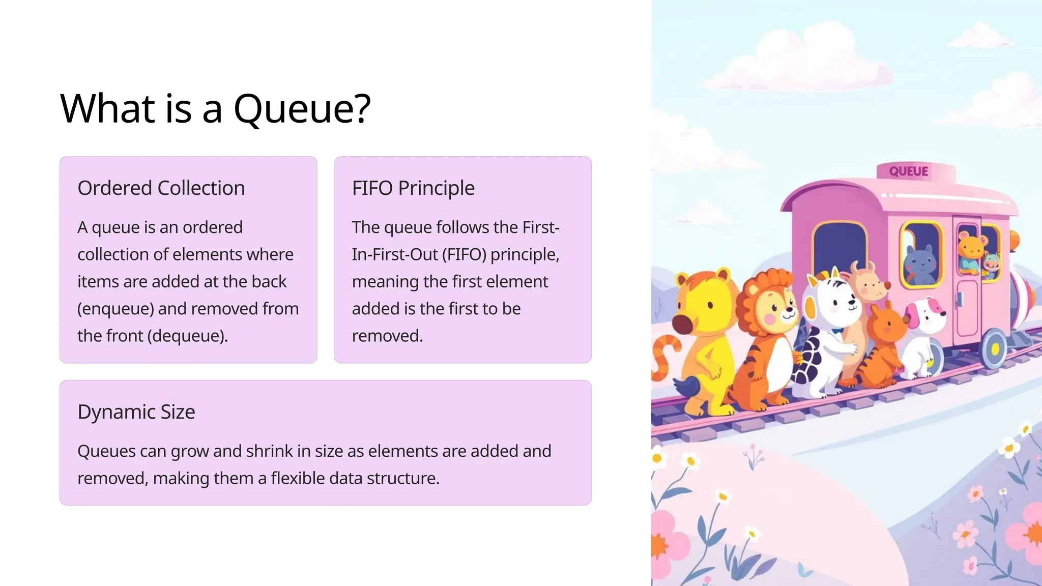 What is a Queue?
Ordered Collection
A queue is an ordered
collection of elements where
items are added at the back
(enqueue) and removed from
the front (dequeue).
FIFO Principle
The queue follows the First-
In-First-Out (FIFO) principle,
meaning the first element
added is the first to be
removed.
Dynamic Size
Queues can grow and shrink in size as elements are added and
removed, making them a flexible data structure.
 
