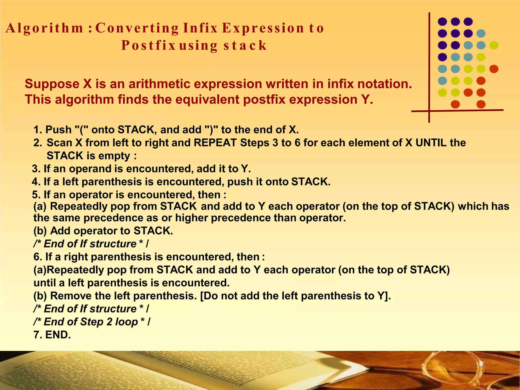 Algorithm : Converting Infix Expression t o
Postfix using s t a c k
Suppose X is an arithmetic expression written in infix notation.
This algorithm finds the equivalent postfix expression Y.
1. Push "(" onto STACK, and add ")" to the end of X.
2. Scan X from left to right and REPEAT Steps 3 to 6 for each element of X UNTIL the
STACK is empty :
3. If an operand is encountered, add it to Y.
4. If a left parenthesis is encountered, push it onto STACK.
5. If an operator is encountered, then :
(a) Repeatedly pop from STACK and add to Y each operator (on the top of STACK) which has
the same precedence as or higher precedence than operator.
(b) Add operator to STACK.
/* End of If structure * /
6. If a right parenthesis is encountered, then :
(a)Repeatedly pop from STACK and add to Y each operator (on the top of STACK)
until a left parenthesis is encountered.
(b) Remove the left parenthesis. [Do not add the left parenthesis to Y].
/* End of If structure * /
/* End of Step 2 loop * /
7. END.
 