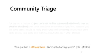 Community Triage
32
“Your question is off topic here....We’re not a hacking service.” (C72 -Mentor)
"ok the fact is that o...
