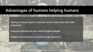 Having a human mentor surprised novices and made them feel
welcomed
Interpret dialogue for non-native English speaker
Orga...