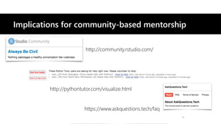 41
Implications for community-based mentorship
http://community.rstudio.com/
https://www.askquestions.tech/faq
http://pyth...