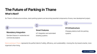 The Future of Parking in Thane
What's Next?
As Thane's infrastructure evolves, stack parking systems are becoming essential components of every new development project.
Mandatory Integration
Standard feature in residential and
commercial projects
Smart Features
IoT integration and automated
ticketing systems
EV Infrastructure
Charging stations built into parking
systems
Stack parking in Thane represents the perfect blend of safety, efficiency, and sustainability4moving the city toward smarter, more
organized urban living.
 