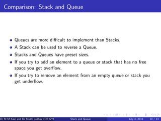 Comparison: Stack and Queue
Queues are more diﬃcult to implement than Stacks.
A Stack can be used to reverse a Queue.
Stacks and Queues have preset sizes.
If you try to add an element to a queue or stack that has no free
space you get overﬂow.
If you try to remove an element from an empty queue or stack you
get underﬂow.
Dr M M Kazi and Dr Mukti Jadhav (DR GYP) Stack and Queue July 4, 2016 10 / 13
 