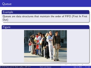 Queue
Example
Queues are data structures that maintain the order of FIFO (First In First
Out)
Figure
Dr M M Kazi and Dr Mukti Jadhav (DR GYP) Stack and Queue July 4, 2016 7 / 13
 