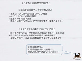それでも十分効果があります！
全部は無理だし、
人間が実施するのとは違うし、
泥臭いことやらないとダメだけど
・同じ操作でパラメータを変える必要がある場合（機能確認）
・同じ操作を繰り返す必要がある場合（信頼性確認）
・正常系の操作／確認（回帰検査化するとさらに効果UP）
システムテスト自動化に向いている部分
自動化では困難/人しかできないこと
・複雑なマウス操作とそのレスポンス確認
・GUIコントロール自体の確認
・想定外の不具合の認識
・不具合傾向から怪しいところを発見する（探索的テスト）
 