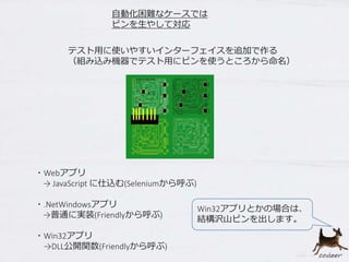 自動化困難なケースでは
ピンを生やして対応
テスト用に使いやすいインターフェイスを追加で作る
（組み込み機器でテスト用にピンを使うところから命名）
・Webアプリ
→ JavaScript に仕込む(Seleniumから呼ぶ)
・.NetWindowsアプリ
→普通に実装(Friendlyから呼ぶ)
・Win32アプリ
→DLL公開関数(Friendlyから呼ぶ)
Win32アプリとかの場合は、
結構沢山ピンを出します。
 