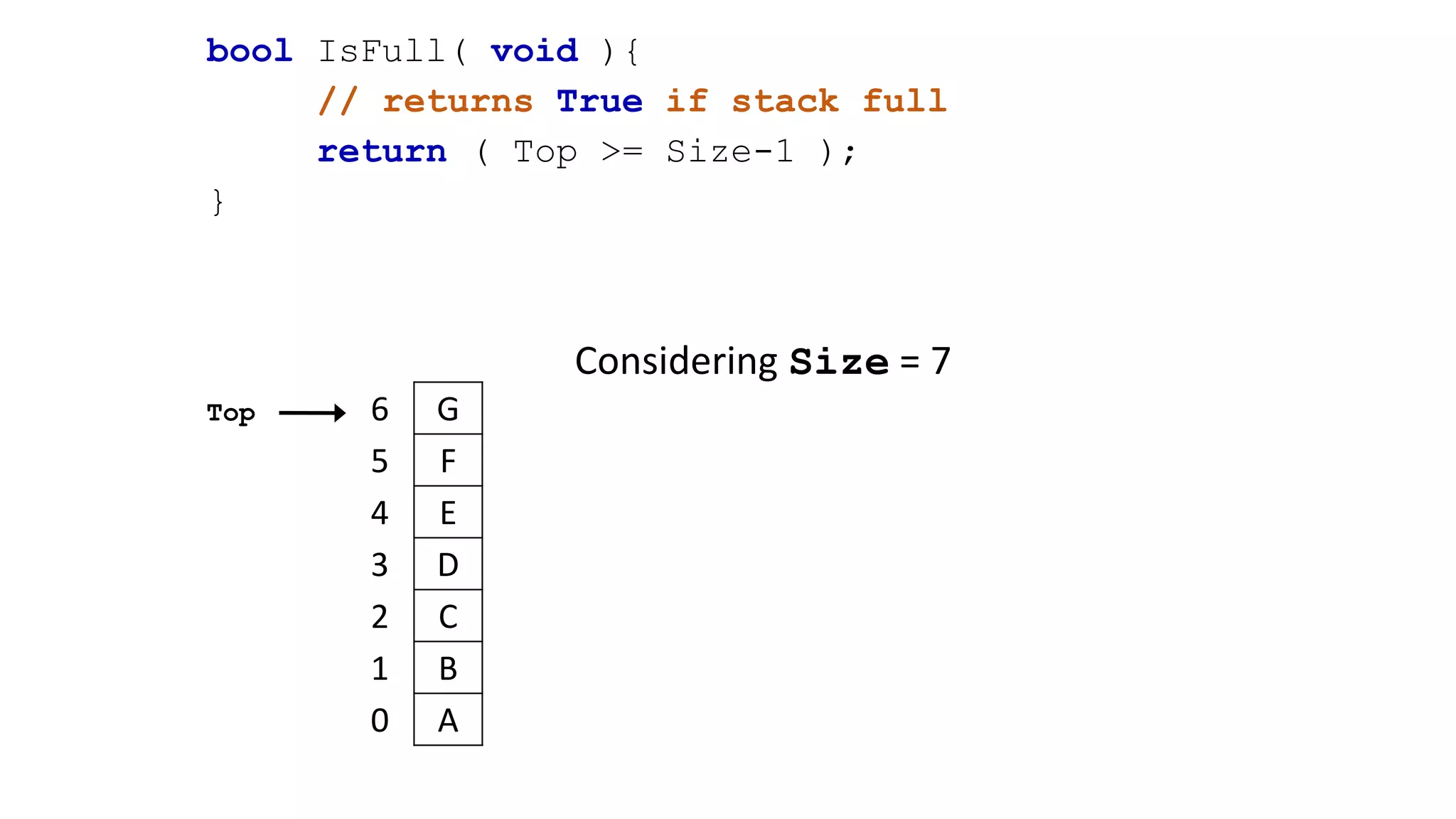 bool IsFull( void ){
// returns True if stack full
return ( Top >= Size-1 );
}
6 G
5 F
4 E
3 D
2 C
1 B
0 A
Top
Considering Size = 7
 