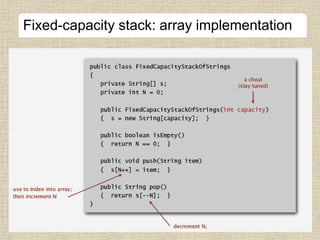 Fixed-capacity stack: array implementation
 