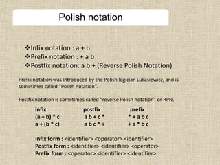 Polish notation
Infix notation : a + b
Prefix notation : + a b
Postfix notation: a b + (Reverse Polish Notation)
Prefix notation was introduced by the Polish logician Lukasiewicz, and is
sometimes called “Polish notation”.
Postfix notation is sometimes called “reverse Polish notation” or RPN.
infix postfix prefix
(a + b) * c a b + c * * + a b c
a + (b * c) a b c * + + a * b c
Infix form : <identifier> <operator> <identifier>
Postfix form : <identifier> <identifier> <operator>
Prefix form : <operator> <identifier> <identifier>
 